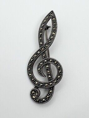 Sterling Silver And Marcasite Treble Clef Pin Brooch